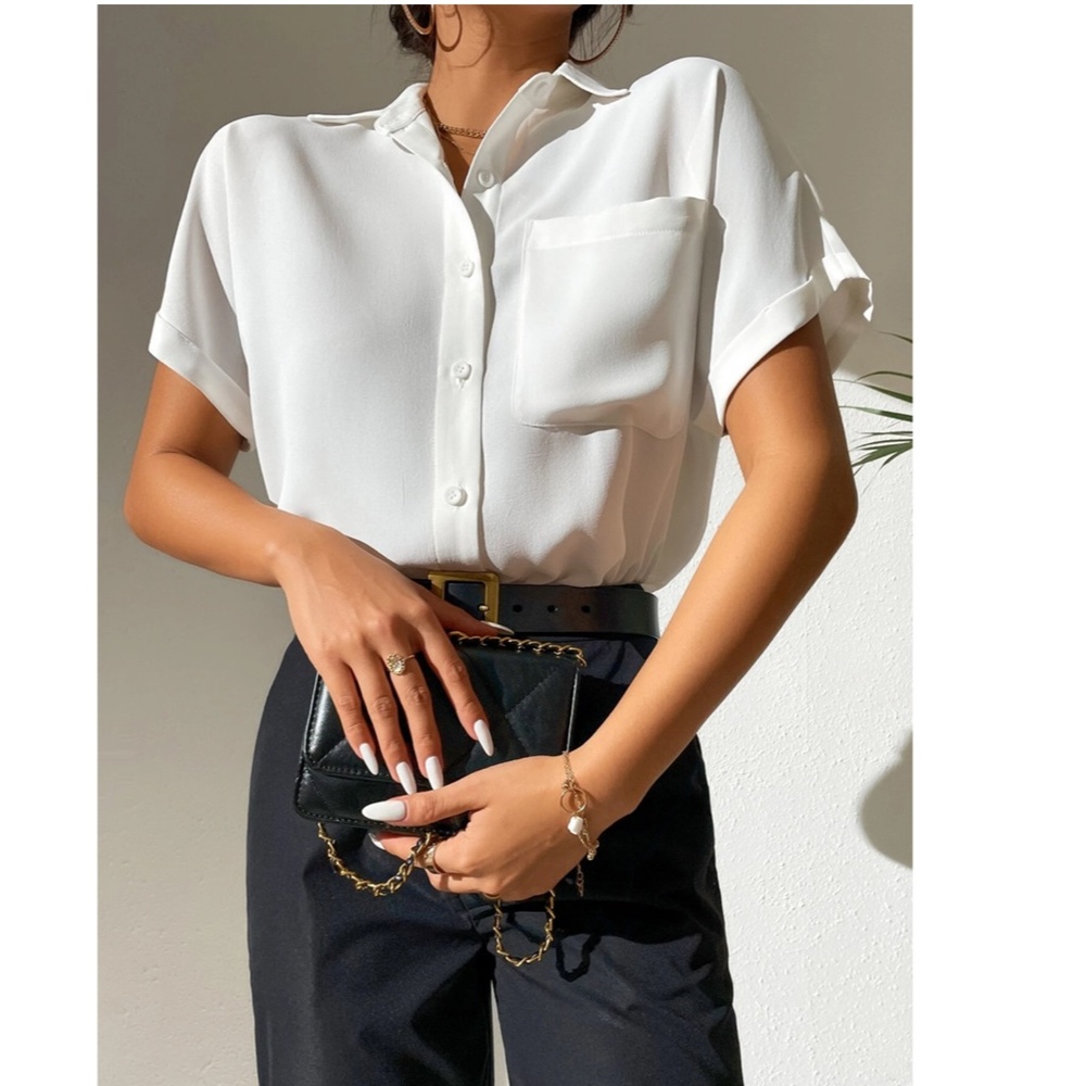 White Casual Button Up / Down Shirt Collar V-Neck Button Front Short Sleeve - Picture 13 of 17